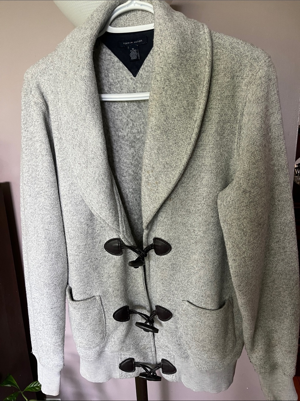 Tommy Hilfiger Light Gray Teddy Shawl Collar Toggle Jacket